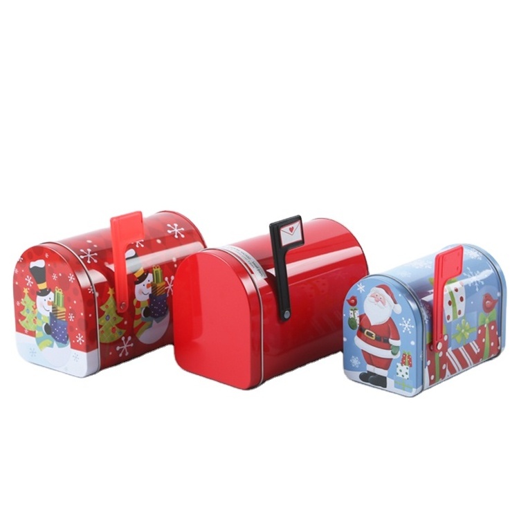 Christmas gift packaging tin box red mailbox shape tin box with flag