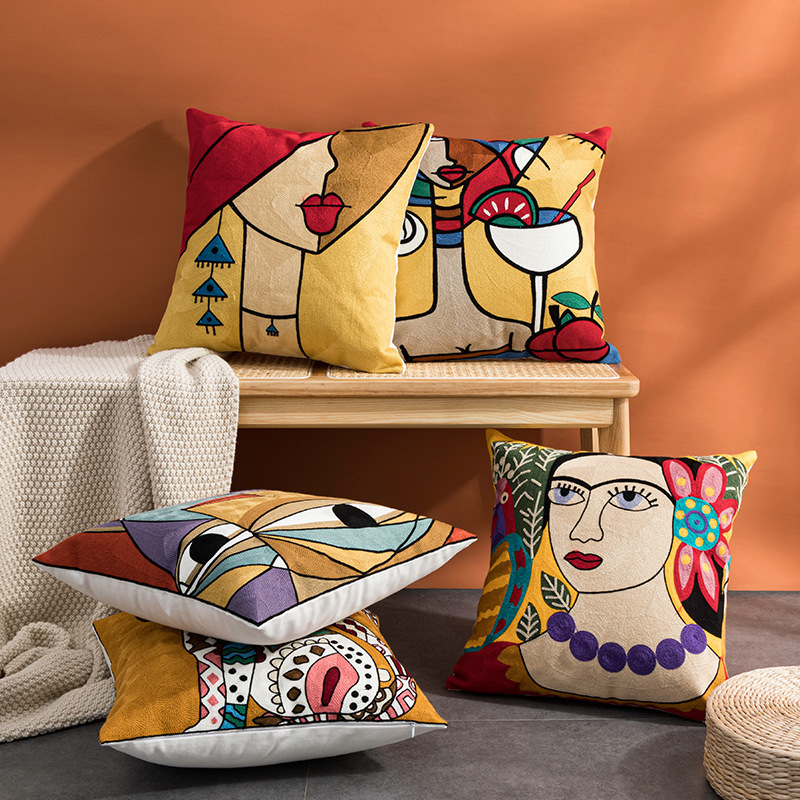 Wholesale Cotton Canvas European Picasso Cushion Cover Office Bed Decorative Beauty Embroidery Throw Pillow Case