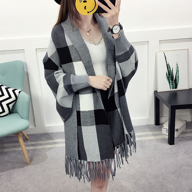 luxury scarf  scarves for women Winter Poncho with Sleeves for ladies Khaki Viscose Cotton Long Plaid Pattern Scarf Wool Shawl