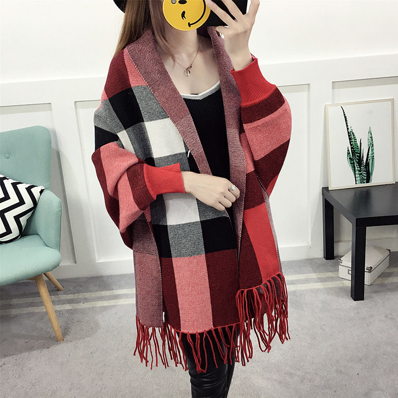 luxury scarf  scarves for women Winter Poncho with Sleeves for ladies Khaki Viscose Cotton Long Plaid Pattern Scarf Wool Shawl