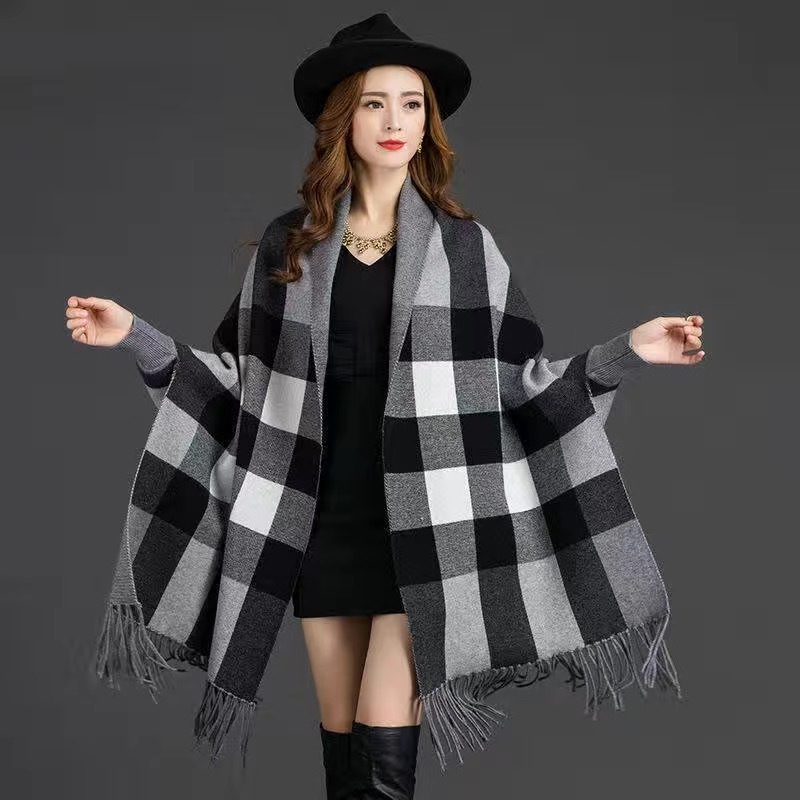 luxury scarf  scarves for women Winter Poncho with Sleeves for ladies Khaki Viscose Cotton Long Plaid Pattern Scarf Wool Shawl