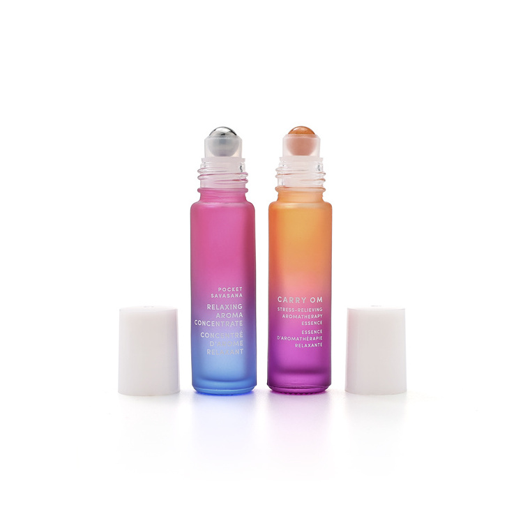 custom logo printed rainbow gradient empty cosmetic eye cream 10ml perfume oil glass roll on bottle