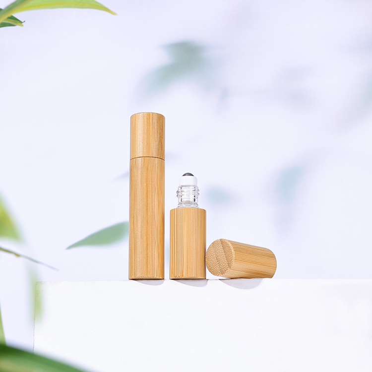 5 10ml High Quality Glass Deodorant Perfume lip oil tube Bamboo Cover Roll on Bottle