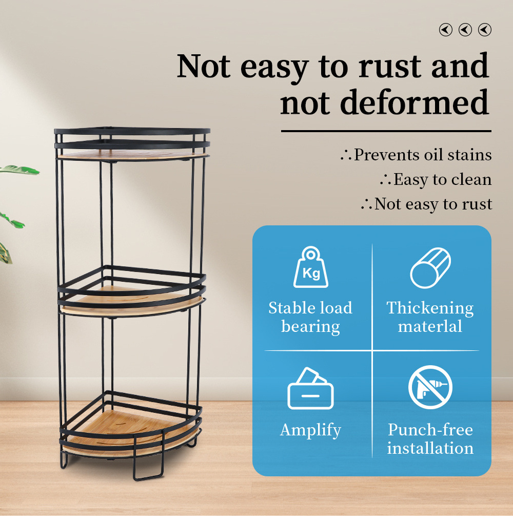 Best Selling Metal Bamboo Living Room 3 Tier Corner Counter Shelf Food Storage Rack Kitchen Accessories Home Storage