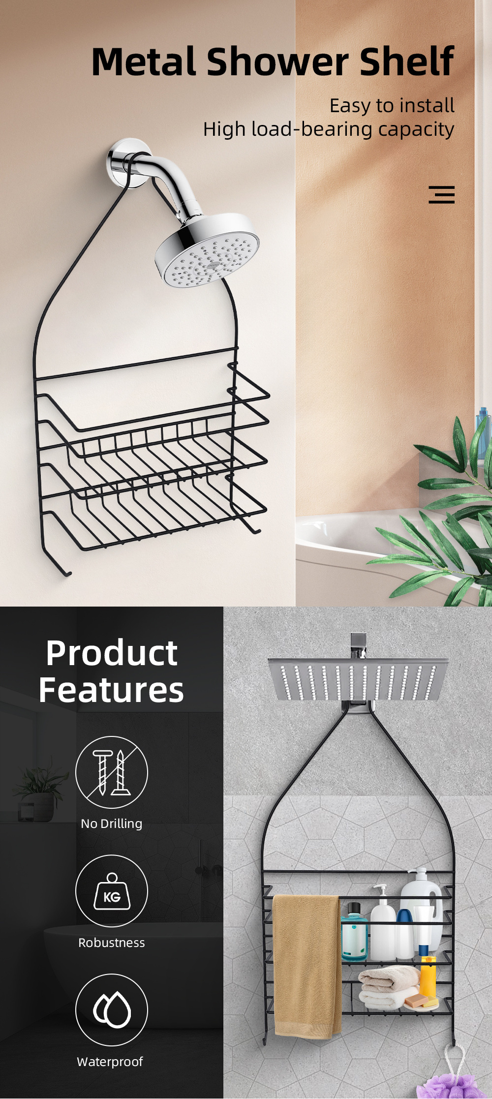 Multifunctional Black Wire 5 Layers Hanging Shower Caddy Over Shower Head Toilet Rack Organizer Bathroom Shelf