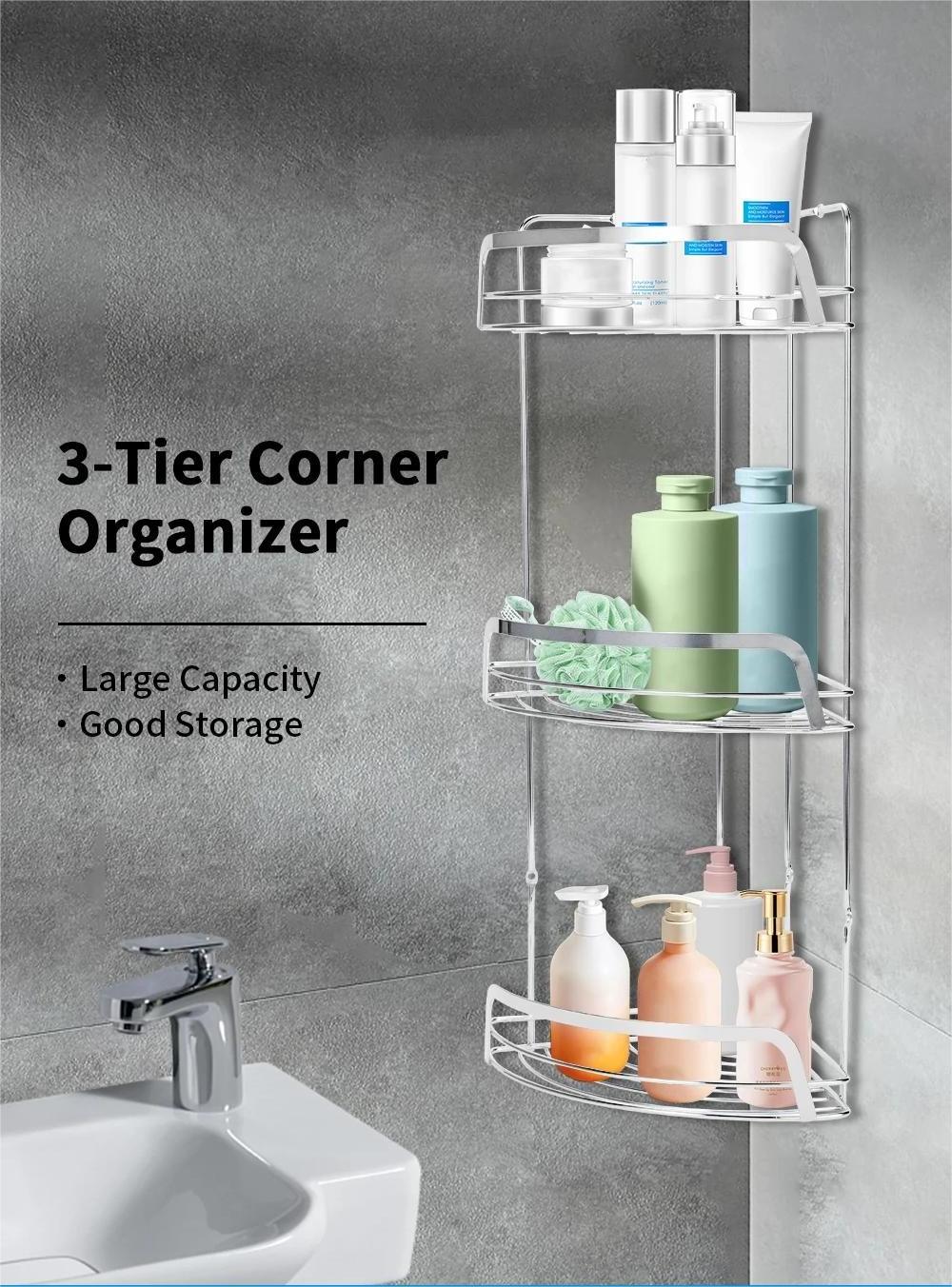 Manufacturer No Drill 3 Layers Corner Shelf Living Room Bathroom Organizer Rack Storage Chrome Wire Shelf