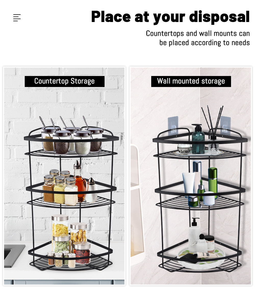 Best Quality Black Metal Kitchen Shelf Organizer 3 Tiers Corner Shelf Bathroom Shower Storage Racks And Shelves