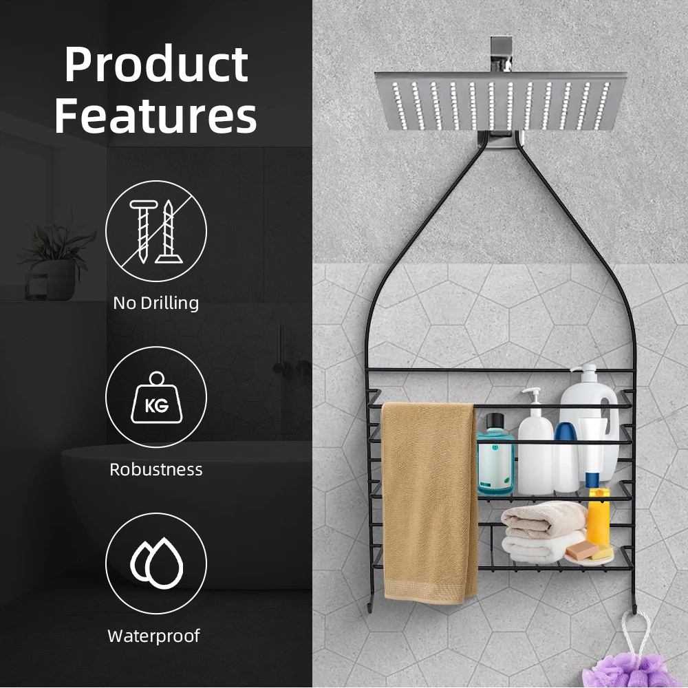 Multifunctional Black Wire 5 Layers Hanging Shower Caddy Over Shower Head Toilet Rack Organizer Bathroom Shelf