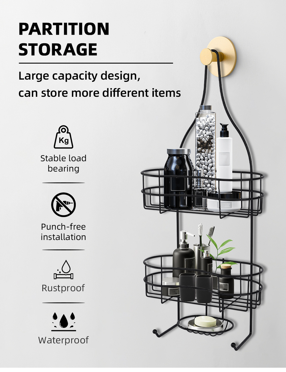 Factory Supplier Custom Design Hanging Stainless Steel Black Wire 3-Tier Hanging Bathroom Shower Caddy