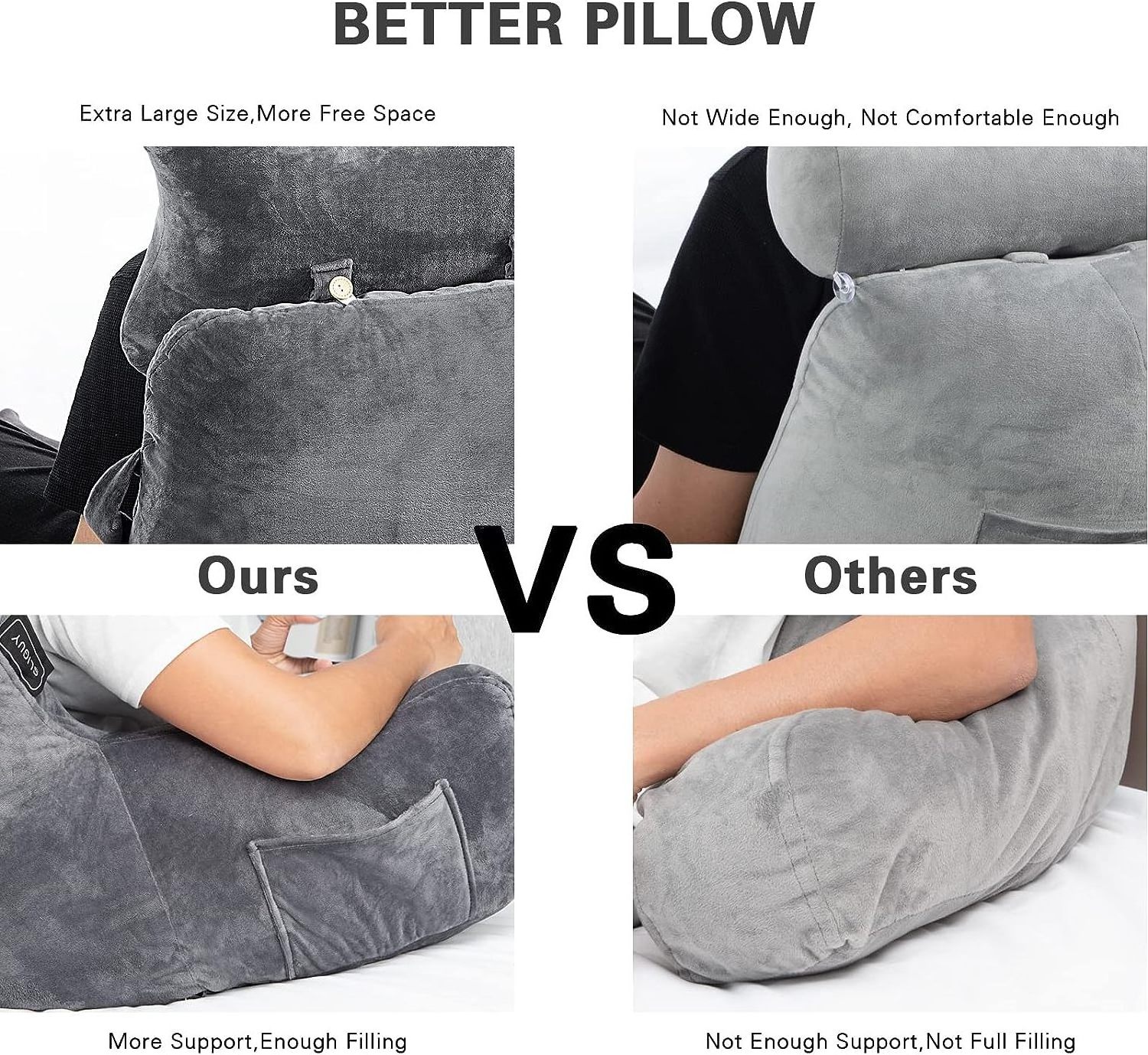 Reading Pillow Bed Rest Pillow with Detachable Neck Roll Arms for Sitting in Bed or Couch Backrest Reading Pillow