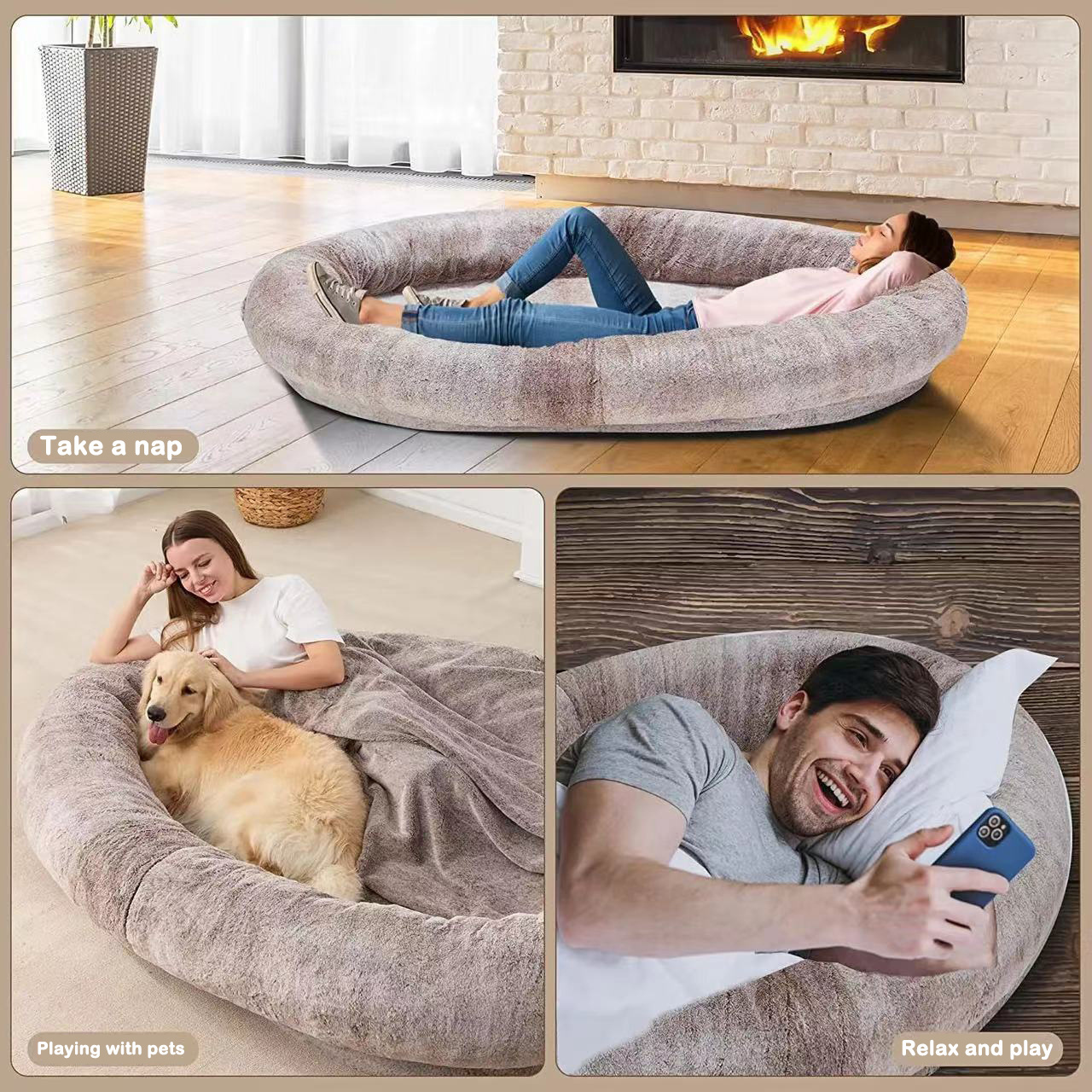 Waterproof Washable Long Faux Fur Removable Non-Slip Outdoor Pet Accessories Human Size Beanbag Pet Bean Bag Dog