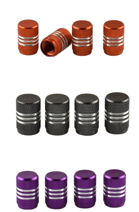 Car Truck Bike Aluminum Tire Valve Stem Caps with Chrome Stripes 4-Piece