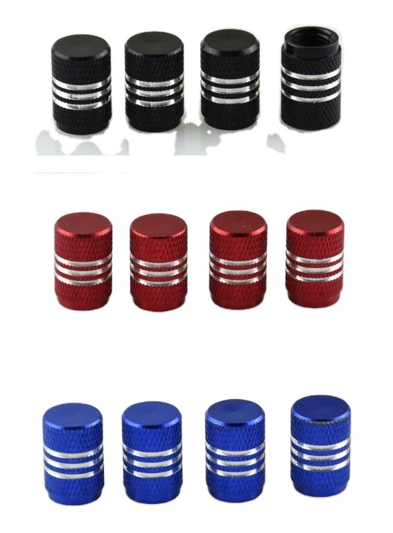 Car Truck Bike Aluminum Tire Valve Stem Caps with Chrome Stripes 4-Piece