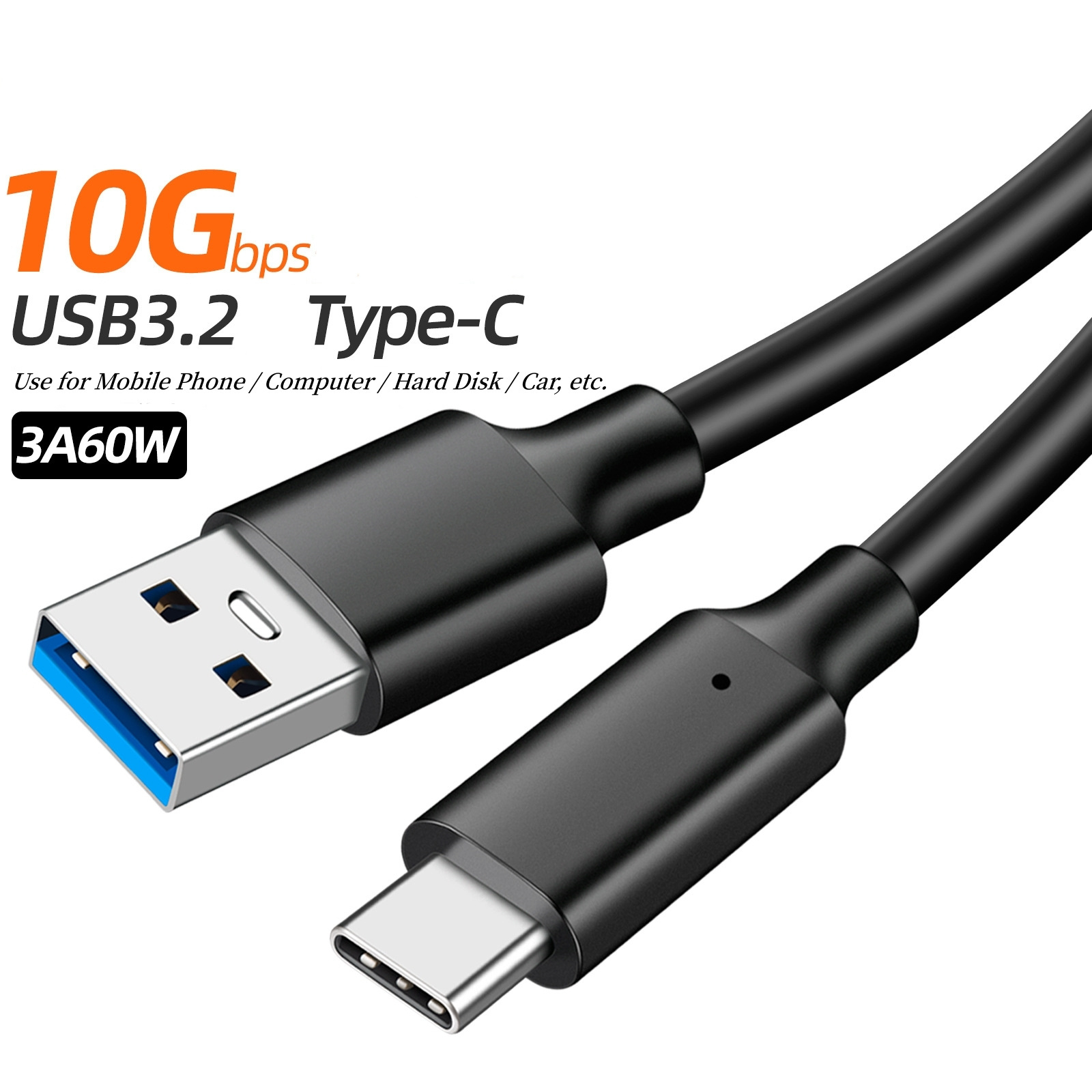 Popular USB3.2 to Type-c Data Cable High-Speed Transmission Hard Disk Cable 10Gbps 3A60W Computer Mobile Phone Fast Charge Cable