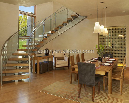 High quality curved stair modern home decor glass wooden floating staircase