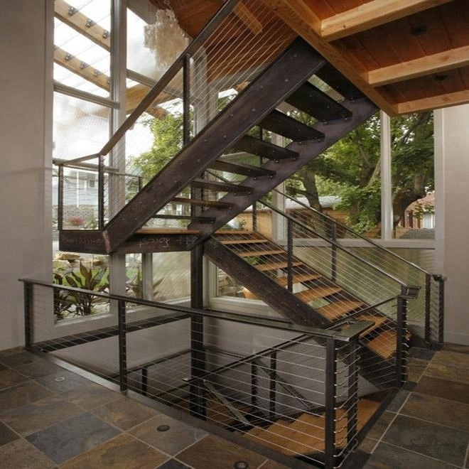 Modern straight staircase with hardwood floor metal railing solid wood stairs for homes