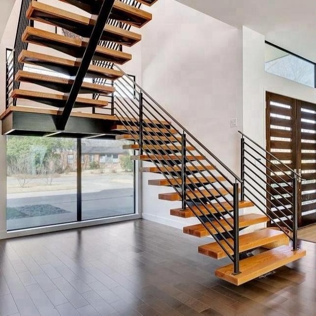 Modern straight staircase with hardwood floor metal railing solid wood stairs for homes