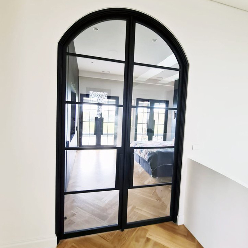 Black glass door metal frame windows  grill wrought iron swing door design