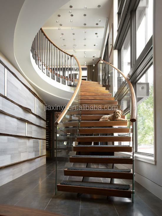 High quality curved stair modern home decor glass wooden floating staircase