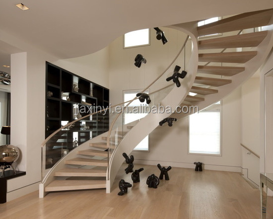 High quality curved stair modern home decor glass wooden floating staircase