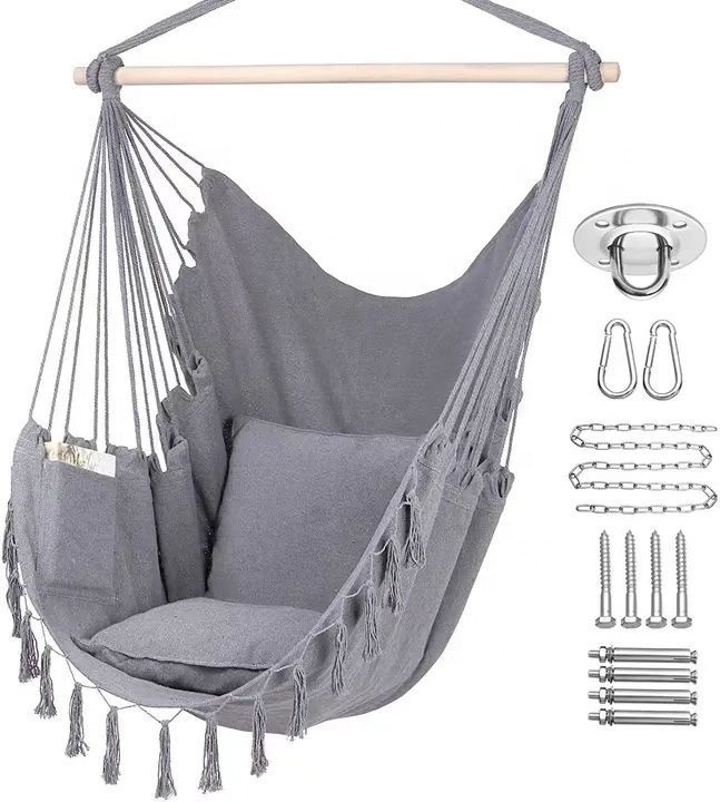 Brazilian Boho Cotton Canvas Hammock Chair Swing Hanging Hammock With 2 Pillows and Wooden Indoor and Outdoor