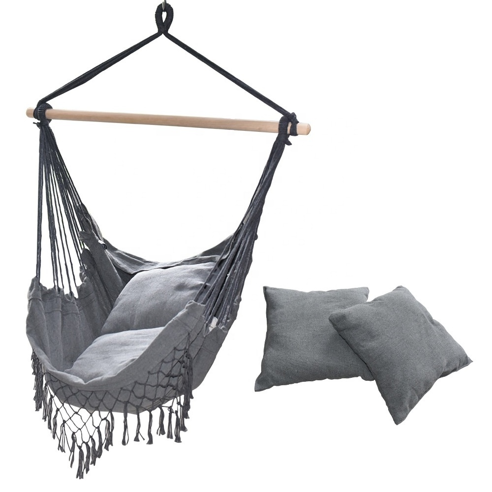 Brazilian Boho Cotton Canvas Hammock Chair Swing Hanging Hammock With 2 Pillows and Wooden Indoor and Outdoor