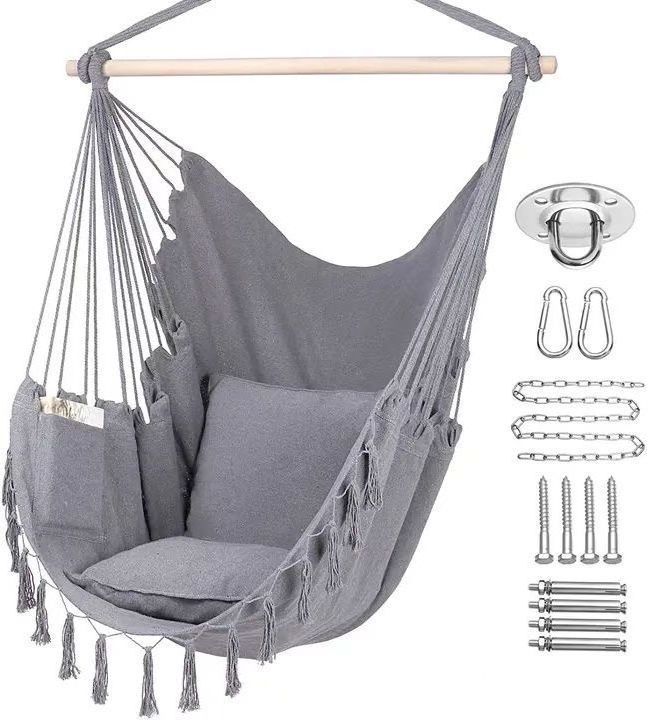 Boho Cotton Canvas Swing Hammock Chair Hanging Hammock With 2 Pillows Indoor and Outdoor