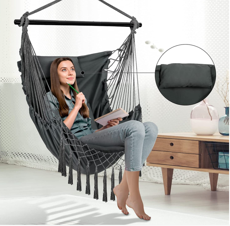 Boho Cotton Canvas Swing Hammock Chair Hanging Hammock With 2 Pillows Indoor and Outdoor