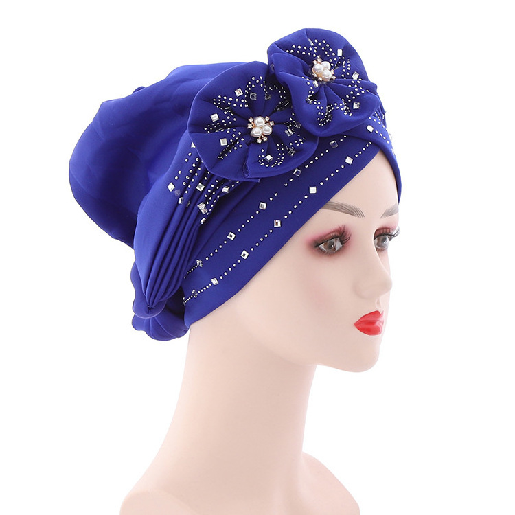 Newest african womens turban cap Pearl Crystal Muslim Ladies flower wedding turban hats wholesale