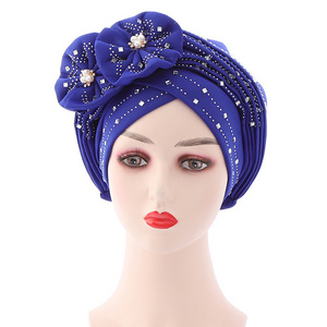 Newest african womens turban cap Pearl Crystal Muslim Ladies flower wedding turban hats wholesale