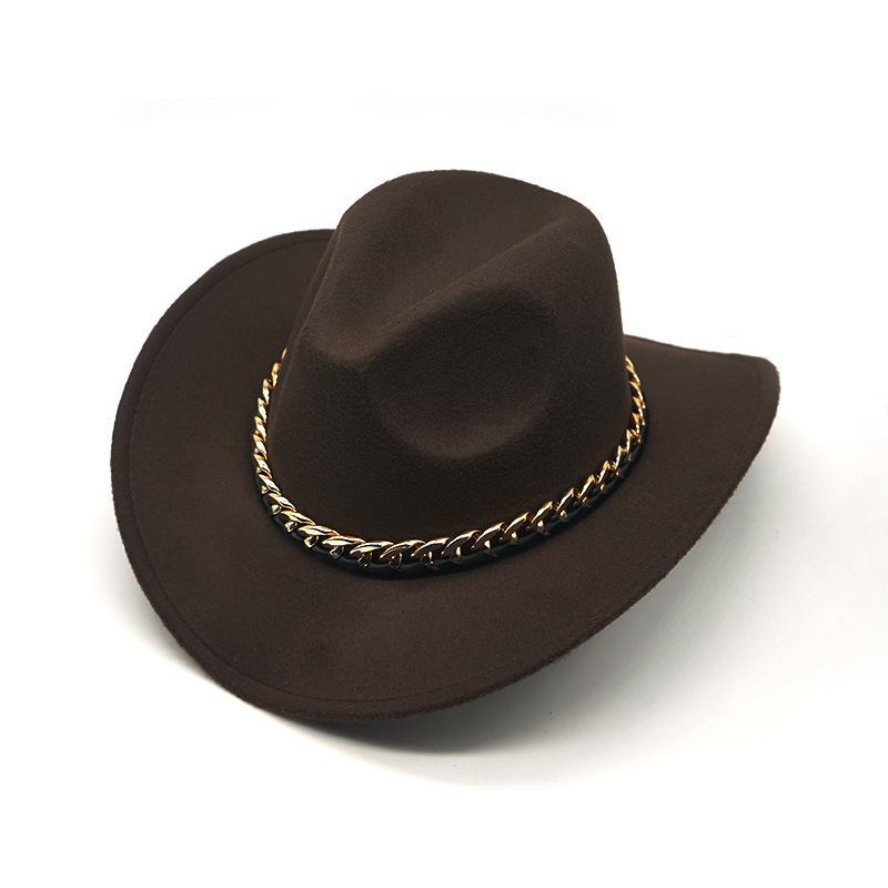 2021 new arrival gold chain western cowboy hat Mexico Gentleman Bend brim felt fedora hat wholesale