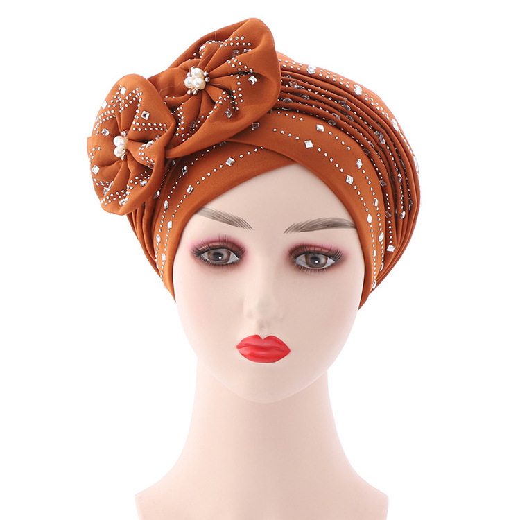 Newest african womens turban cap Pearl Crystal Muslim Ladies flower wedding turban hats wholesale