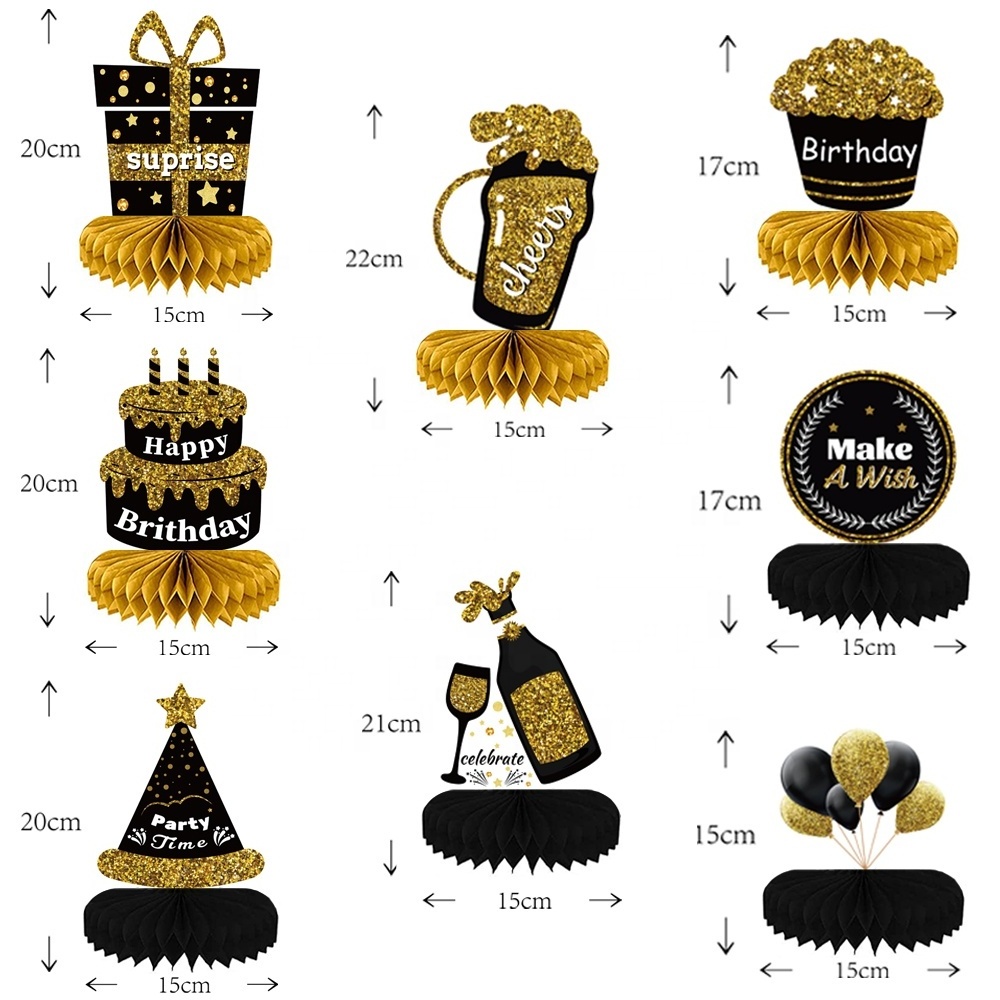 Wholesale Birthday Party Decoration 8 Pieces Black Gold Table Toppers Paper Honeycomb Centerpiece