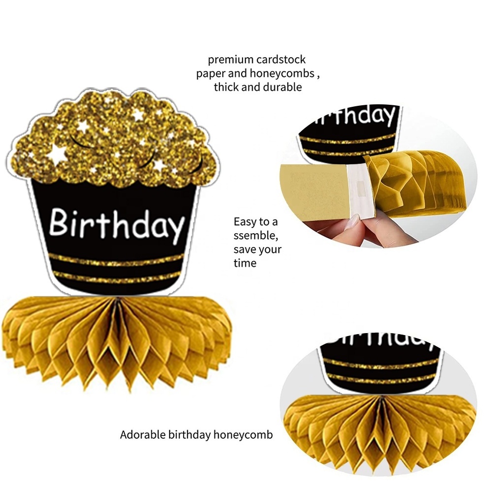 Wholesale Birthday Party Decoration 8 Pieces Black Gold Table Toppers Paper Honeycomb Centerpiece