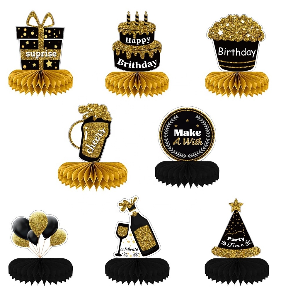 Wholesale Birthday Party Decoration 8 Pieces Black Gold Table Toppers Paper Honeycomb Centerpiece