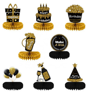 Wholesale Birthday Party Decoration 8 Pieces Black Gold Table Toppers Paper Honeycomb Centerpiece