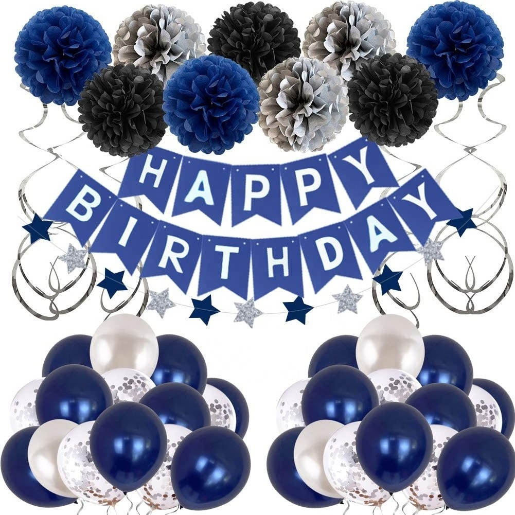 Blue Birthday Decorations Navy Blue Happy Birthday Banner with Pom Ball Star Hanging Swirl Streamer