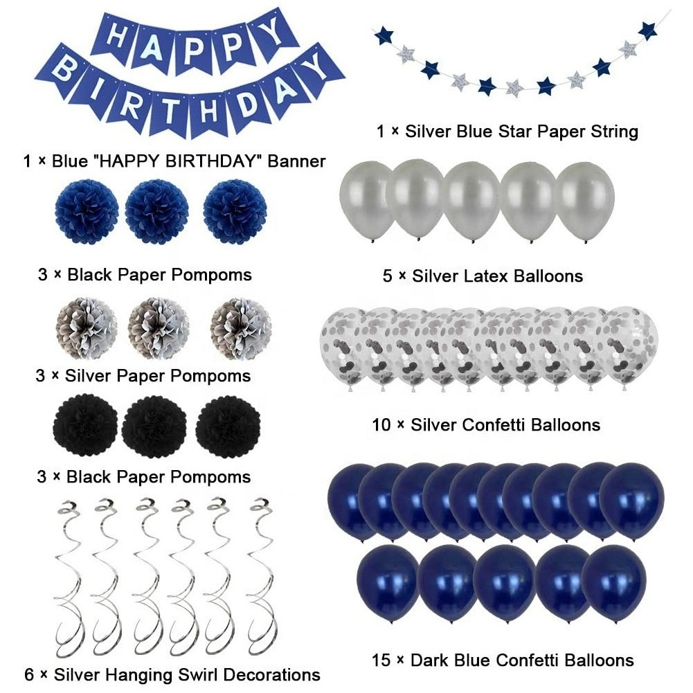 Blue Birthday Decorations Navy Blue Happy Birthday Banner with Pom Ball Star Hanging Swirl Streamer