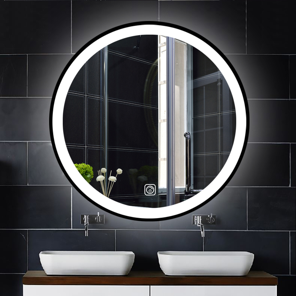 Hotel cosmetic modern smart touch screen switch waterproof round shape  frame vanity mirror wall bathroom mirror with  led light