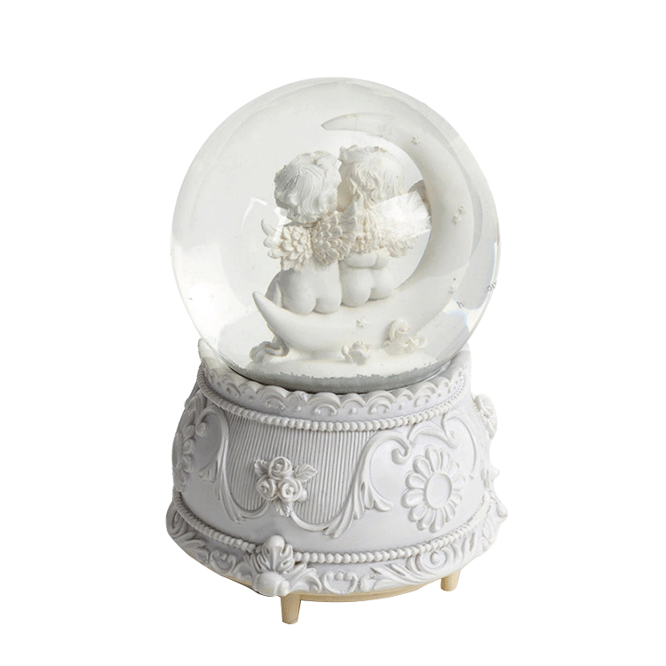 100 mm Internally Rotating Home Snowball Ornaments  Resin White Cherub Snow Globe Music Box