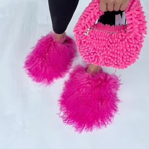 New Luxury Mongolian Fur Slippers for Women Real Fluffy Mongolian Fur Slides Plush Dust Set Cozy Wool Flip Flops Handbags Purses