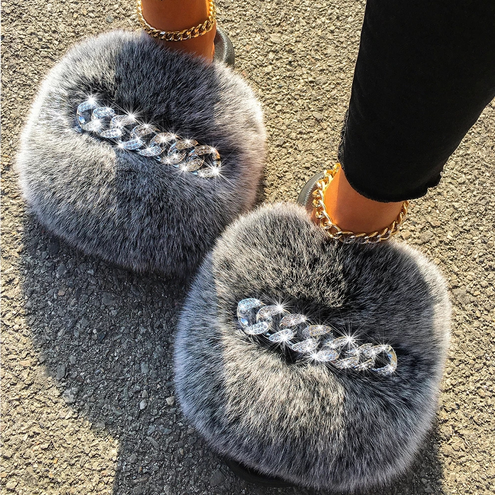 Big Fur  Furry Fur Slippers Fluffy Flip Flops Diamond Chain Real Fur Slides For Women Ladies House Slippers Beach Flat Shoes