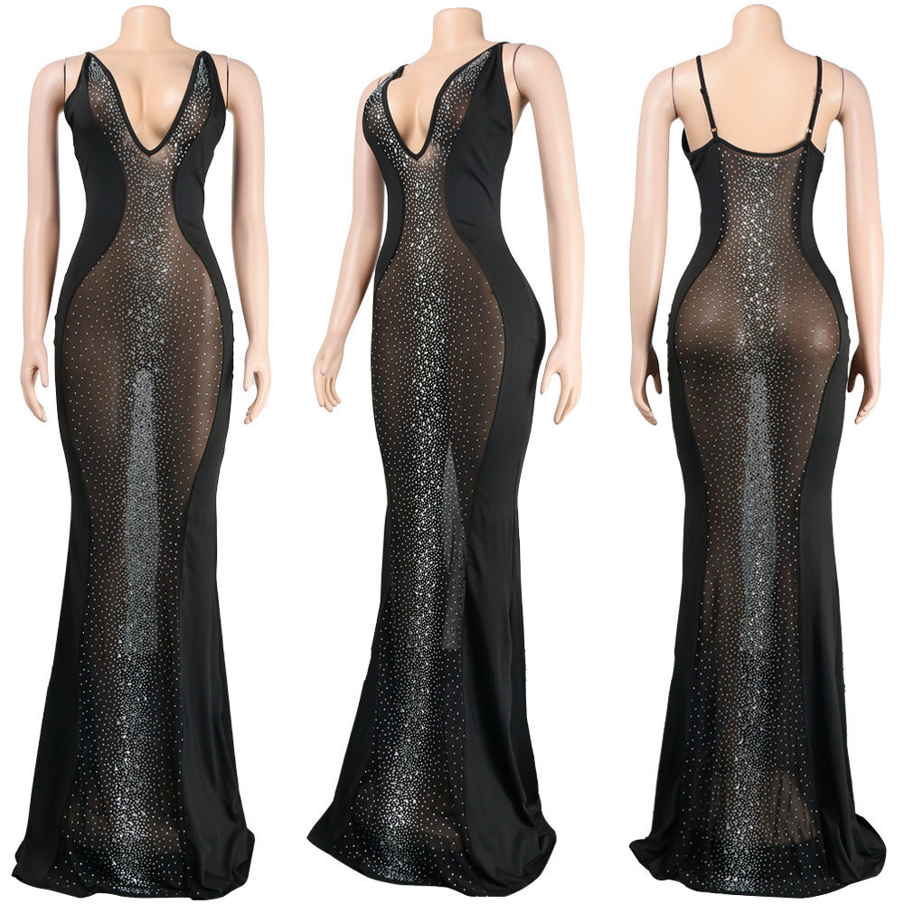 Fancy Evening Dress Party Nightclub Sparkling Crystal Rhinestone Mesh Sheer Sexy Bodycon Long Maxi Dresses