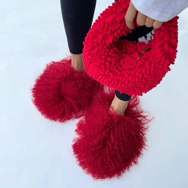 New Luxury Mongolian Fur Slippers for Women Real Fluffy Mongolian Fur Slides Plush Dust Set Cozy Wool Flip Flops Handbags Purses