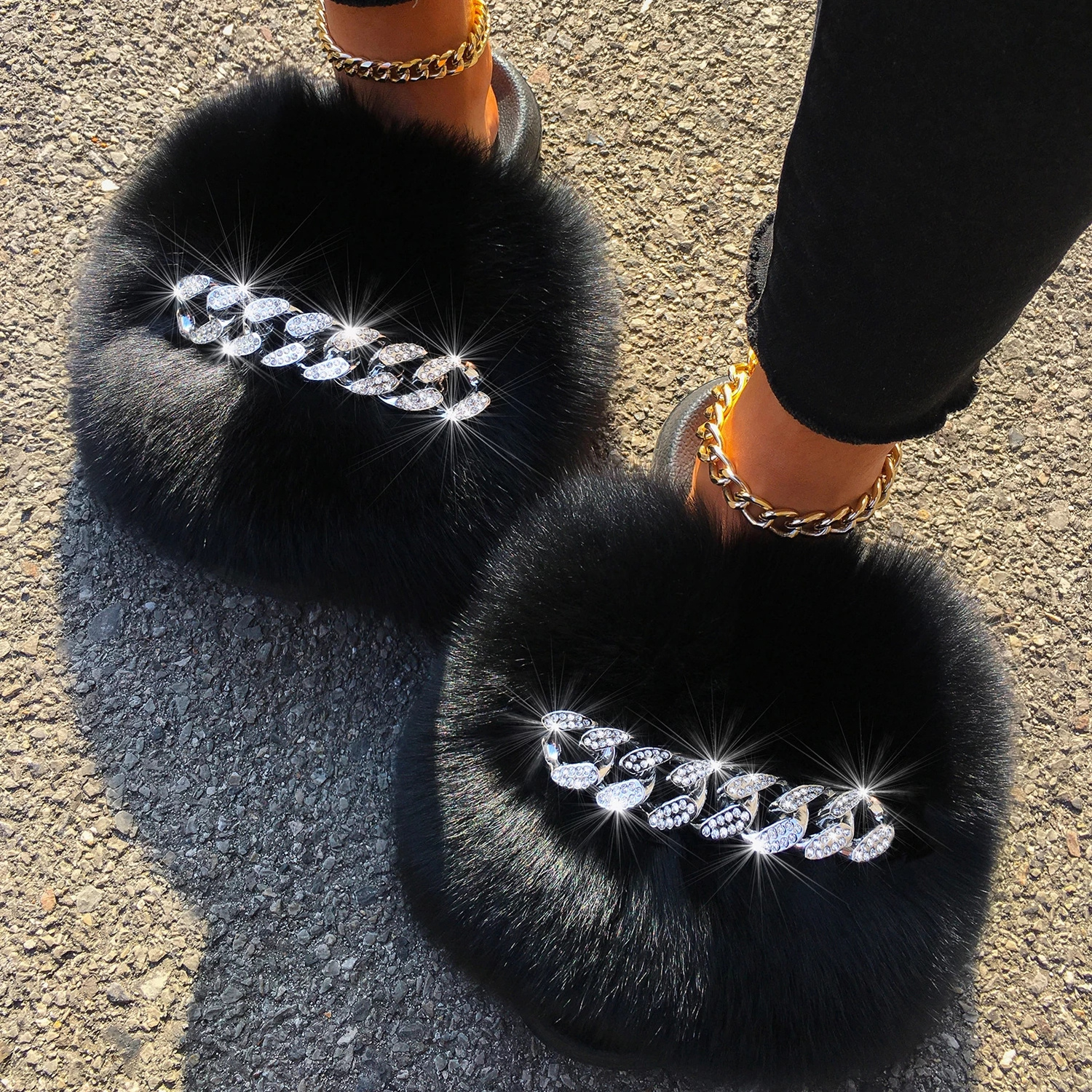 Big Fur  Furry Fur Slippers Fluffy Flip Flops Diamond Chain Real Fur Slides For Women Ladies House Slippers Beach Flat Shoes