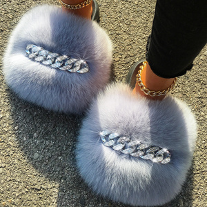 Big Fur  Furry Fur Slippers Fluffy Flip Flops Diamond Chain Real Fur Slides For Women Ladies House Slippers Beach Flat Shoes