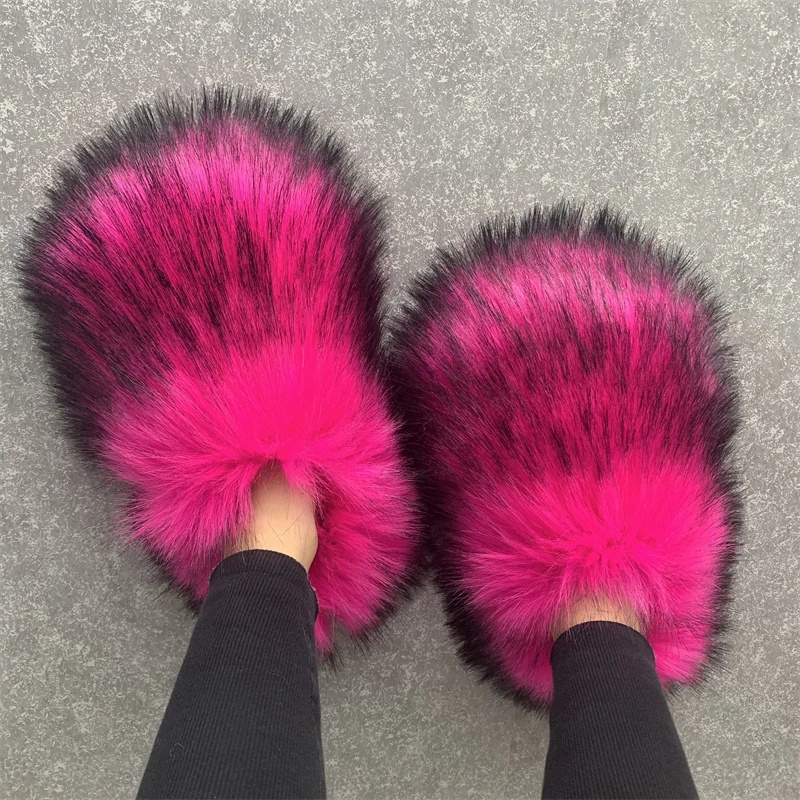 Luxury Fur Slippers Women Open Toe Raccoon Fur Slides Woman Shoes Women Flat Half Slippers Woo Spikes