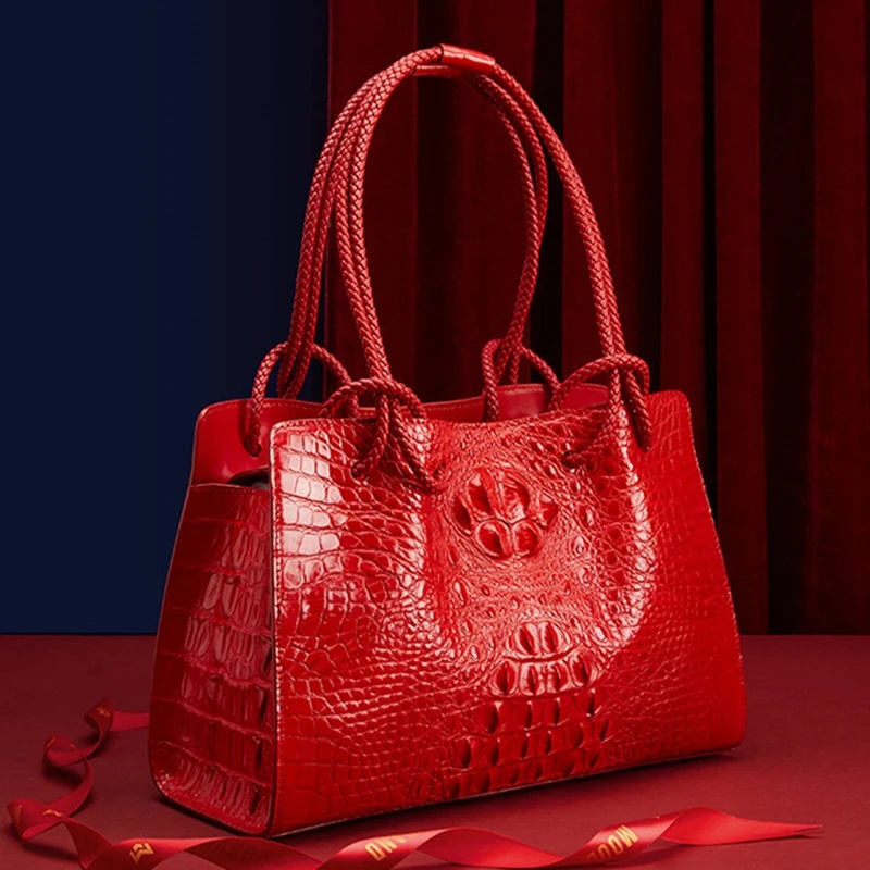 Luxury Genuine Leather Women's Bag Red Crocodile Pattern Ladies Handbags Tote Bag Fashion Travel Portable Shoulder Underarm Bags