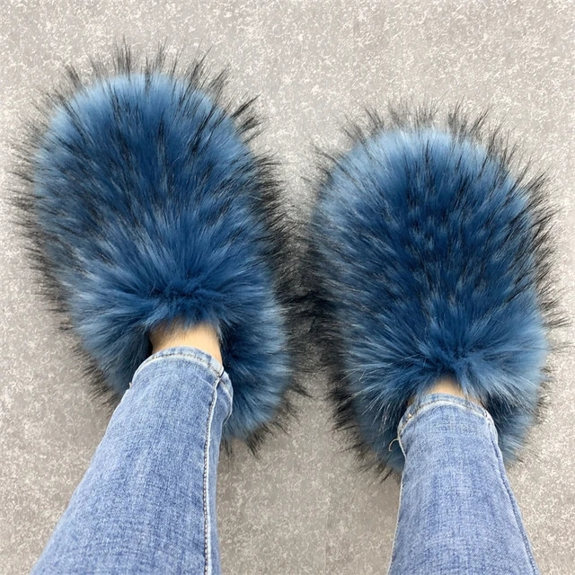 Luxury Fur Slippers Women Open Toe Raccoon Fur Slides Woman Shoes Women Flat Half Slippers Woo Spikes