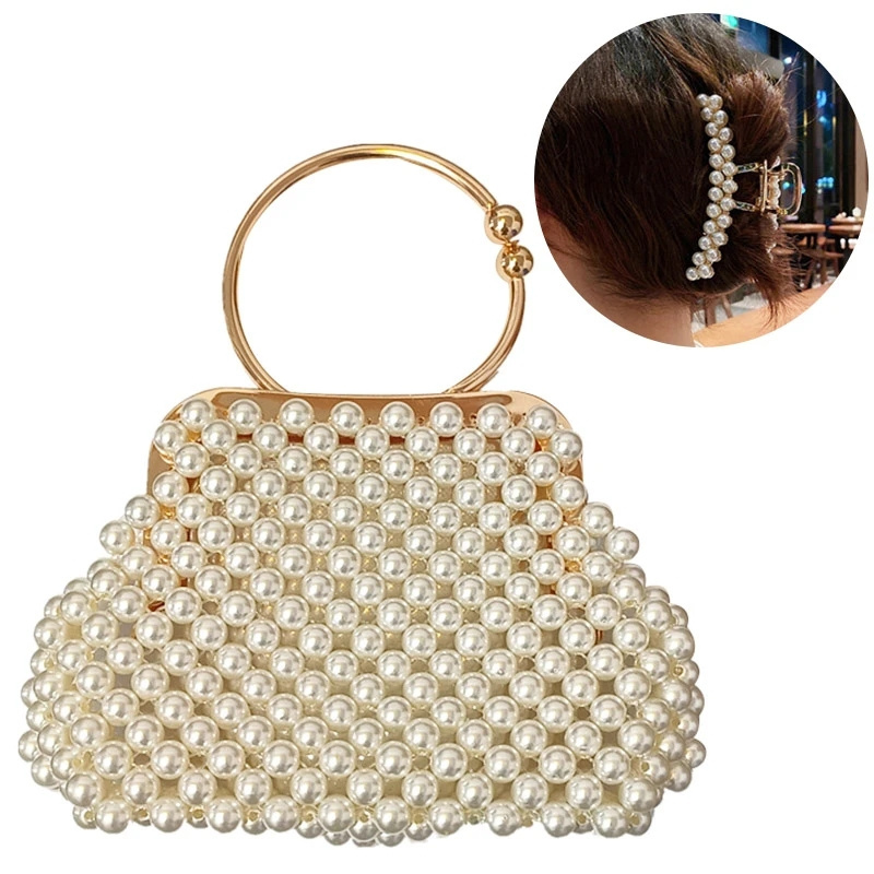 Luxy Moon Pearls Women's Bag Luxury For Lady Banquet Wedding Bride with Hair Claw Set Evening Clutch Purse